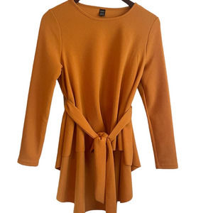 Shein Top Women Size 6 Orange Crew Neck Long Sleeve Tiered Belted Pullover